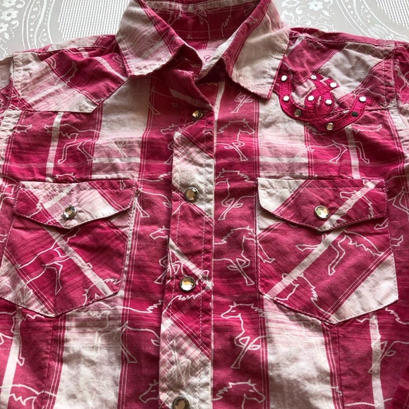 Rodeo Girl By Lin Western Style Pink/White Plaid Shirt Girls Size M Embroidered - Picture 16 of 16